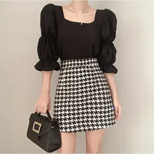 Women's new design pleated square neck puff sleeve chiffon shirt fashion casual open back blouse