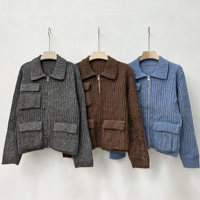 Cardigan en maille côtelée chinée de haute qualité pour femme, avec fermeture éclair, poches plaquées, coupe ample, haut à manches longues