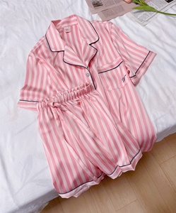 Customized High Quality Wholesale Plus Size Striped <strong>Pyjamas</strong> <strong>Ladies</strong> Women's <strong>Silk</strong> Satin Two Piece Sleepwear Pajamas Sets for Women - Product Image 2