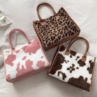 Tas Selempang Wanita Motif Sapi Leopard, Kapasitas Besar, Tas Tote Bulu Persegi Serbaguna, Tas Tangan Mewah untuk Musim Dingin