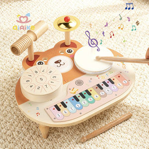 Qiaike Montessori Station musicale multifonctionnelle 5 en 1, kit de batterie pour bébé, instruments de <span class=keywords><strong>musique</strong></span> en bois, jouets avec tambours, cymbales, piano - Product Image 1