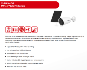 Caméra <span class=keywords><strong>hybride</strong></span> solaire Hikvision 4G <span class=keywords><strong>DS</strong></span>-2CFS04/4G 4MP avec support 24/7, mode AOV, panneau solaire 8W et batterie 9000 mAh, audio bidirectionnel - Product Image 3