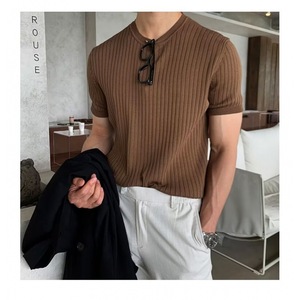 Maglietta estiva da uomo <span class=keywords><strong>a</strong></span> maniche corte, girocollo, sottile, in maglia, vestibilità slim, elasticizzata, trendy, versatile, con elegante striscia verticale. - Product Image 6