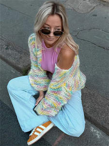 2023 hiver lanterne manches arc-en-ciel ample Y2K tricoté Crochet décontracté hauts courts grande taille femmes Cardigan <span class=keywords><strong>pull</strong></span> - Product Image 6