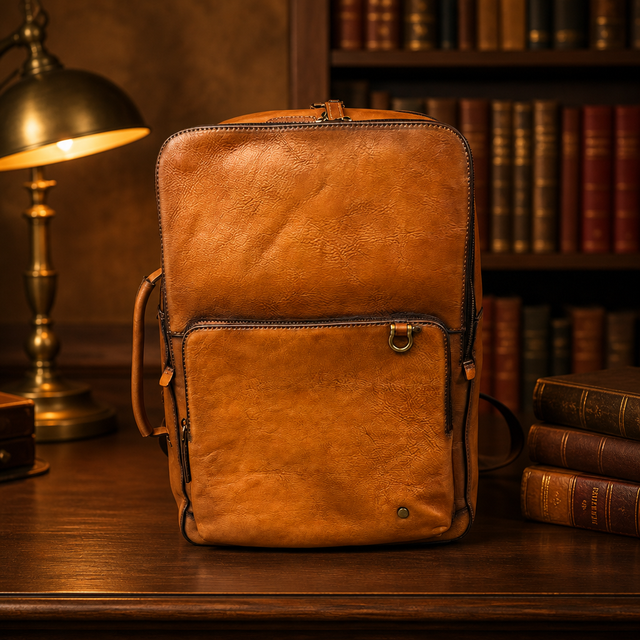 Handcrafted Genuine Leather Waterproof Polyester Backpack Convertible Briefcase Cognac Tan Vintage Daypack Antique Brass Zippers