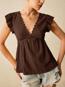 Women's Slimming Solid Color Breathable V-Neck Petal Sleeve Lace Polyester <b>T</b>-<b>Shirt</b> Top European-American Style for Summer - Product Image 5