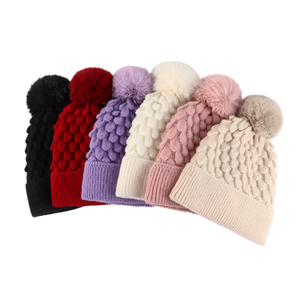 Wholesale Custom Knitted <strong>Beanies</strong> for Women Thickened Fur <strong>Pom</strong> Winter Fleece-Lined Warm Hats Bows Camouflage Cartoon for Female - Product Image 1