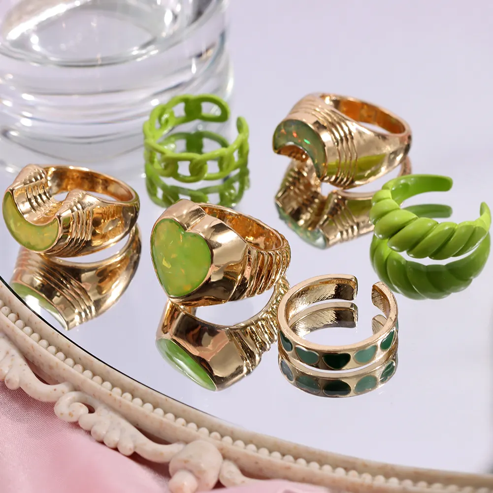 Anéis grossos e verdes de liga acrílica, mais novos anéis de liga, esmalte, coração, sorridente, anel facial, 2021