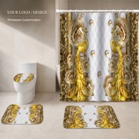 Ensemble de rideaux de douche de luxe personnalisés en or avec motif paon, tapis de salle de bain coordonnés assortis, motifs d'oiseaux ornés, vente en gros OEM ODM