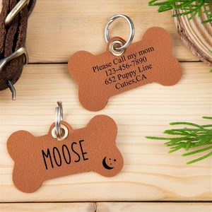 Personalized PU Leather Dog <b>Cat</b> Bone Shape ID <b>Tag</b> Custom Logo Laser Printed Pet Collar <b>Tag</b> Portable Novelty Pet Gift for Owners - Product Image 3