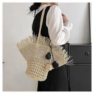 Hat Shape Design Summer Soft Large Straw Shoulder Bag Ladies Pom Pom Straw Shoulder Woven Beach Bag For Women