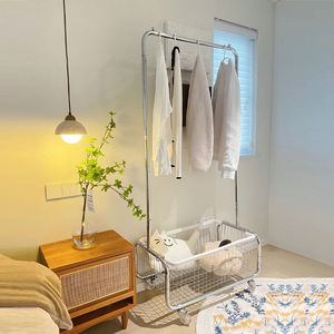 Mobile Clothes <b>Rack</b> Rectangle Standing Type With Basket <b>Drying</b> <b>Rack</b> For Bedroom Household Use - Product Image 1