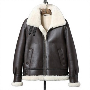 Men's Winter Tanned Faux <b>Fur</b> <b>Lined</b> Leather Jacket Stand Collar Biker <b>Coat</b> Zip-Up Regular Fit for Riding - Product Image 1