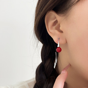 Japanese Korean Style S925 Sterling Silver <b>Drop</b> <b>Earrings</b> <b>Red</b> Pearl Ball Shape Geometric Design Everyday Wear Women's Jewelry - Product Image 2