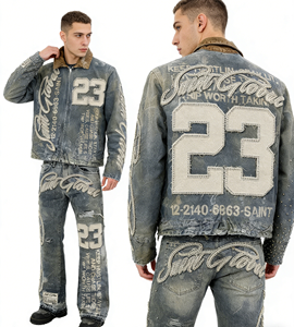 wholesale Design Jeans <b>Jacket</b> <b>pullover</b> Streetwear Top <b>Men</b> Jeans <b>Jacket</b> High Quality 3D Printing <b>Men</b> Tracksuit Set - Product Image 1