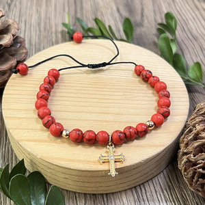 Braccialetti Unisex con Ciondolo a Croce '<span class=keywords><strong>Dio</strong></span> <span class=keywords><strong>Ti</strong></span> <span class=keywords><strong>Benedica</strong></span>', Perline in Pietra, Forma Rotonda, Corda Intrecciata Rossa e Nera, Regalo per Battesimo - Product Image 3