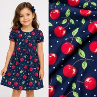 Tissu popeline tissé imprimé cerises en coton pour robes et jupes d'enfants
