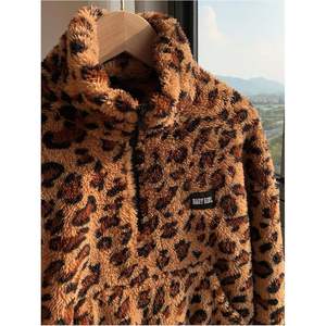 Sweat-shirt personnalisé pour femme en polaire motif léopard, col montant semi-zippé, manches longues, coupe courte, avec poche, anti-boulochage, effet duveteux - Product Image 5