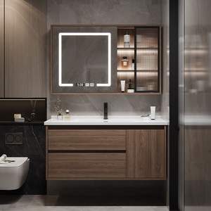 Extremely simple style solid wood bathroom cabinet intelligent <b>mirror</b> cabinet with light rock board integrated basin - Product Image 4