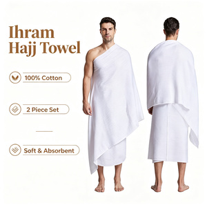 Ensemble de 2 serviettes d'Ihram pour le Hajj, 100% polyester, doux et absorbant, blanc, Ehram pour le pèlerinage de l'Omra, hommes musulmans, vente en gros, logo personnalisé - Product Image 1