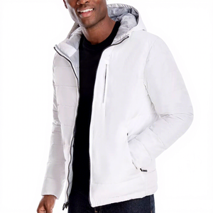 Men's <b>White</b> Hooded <b>Puffer</b> <b>Jacket</b> Windproof Zipper Closure Casual Winter Coat Regular Fit Solid Color Polyester Wadding - Product Image 1