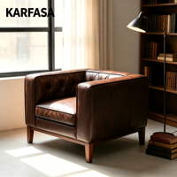 Fauteuil club en cuir marron, capitonné à boutons, design diamant, pieds en bois, fauteuil vintage classique pour salon, coin lecture