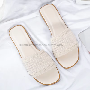 Wholesale Summer Women's Open Toe <b>Slippers</b> Flat Outdoor Ladies Sandals Beach Anti-slip Knitting Lazy Luxury Women <b>Slippers</b> - Product Image 5