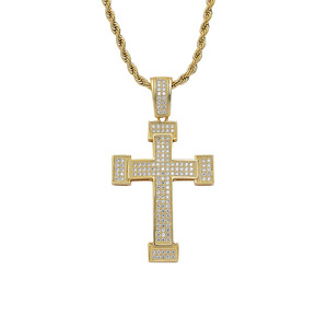 Wide Multi-Row CZ Cross Pendant, Unisex Minimalist Hip Hop Necklace, <b>Iced</b> <b>Out</b> Religious <b>Chain</b> Jewelry - Product Image 1