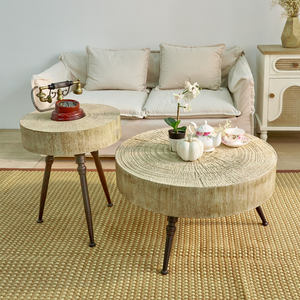 Meubles de salon, nouvelle table basse ronde rustique, petite, en bois sculpté, plateau en métal, base en fer, décorative, durable, facile à assembler - Product Image 3