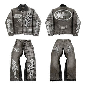 YYSY أنيقة ثقيلة الوزن المتضخم الدنيم البدلة الملابس حجر الراين مطرزة التصحيح غسل حمض خمر جان سترة مجموعة للرجال - Product Image 1