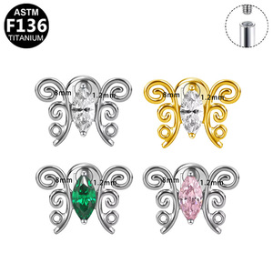 Clous d'oreilles papillon plaqués titane avec incrustation de zircon, alliage de titane F136 pour piercing d'oreille et de lèvre, bijoux de mode unisexe - Product Image 5