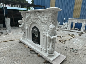 Cheminée classique en marbre blanc sculpté à la main avec manteau de cheminée, ange chérubin, cadre européen en fonte pour décoration de villa de luxe et hôtel - Product Image 4