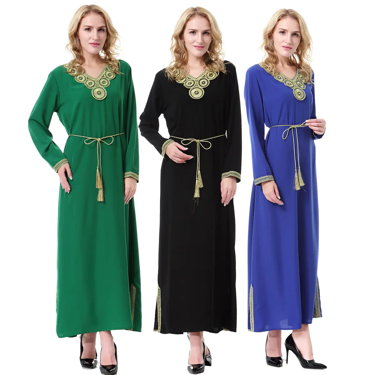 女性のためのファッションVネック長袖カジュアルドレス高品質の刺繍されたイスラム教徒のEidドレス
