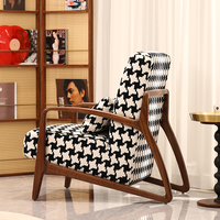 Fauteuil d'appoint en bois massif, fauteuil de loisirs rembourré, motif pied-de-poule noir et blanc, siège de salon