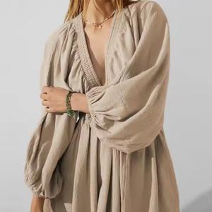 Nouvelle robe d'été pour femmes, design élégant, de haute qualité, sexy, col en V profond, manches longues bouffantes, taille fine, mini robe en lin pour femmes - Product Image 1