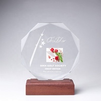 Trofeo de Cristal Grabado Personalizado con Base de Madera, Premio de Cristal Transparente Redondo