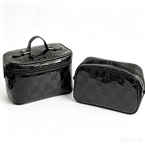 Pochette cosmétique en cuir PU brillant, trousse de maquillage imperméable, pochette à cosmétiques, sac de lavage, logo en relief - Product Image 3