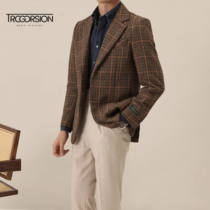 Veste en polyester rétro britannique en <span class=keywords><strong>tweed</strong></span> à chevrons en laine pour hommes, <span class=keywords><strong>blazer</strong></span> rembourré marron à simple boutonnage peigné décontracté et mince - Product Image 2