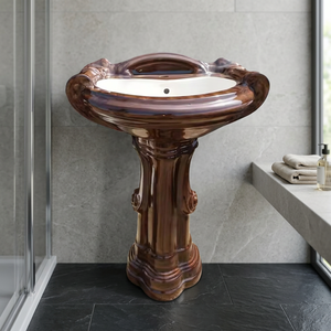Lavabo de Pedestal Cuadrado de Cerámica con Aspecto de Madera Moderno y Lujoso, Lavabo Decorativo para Baño, Artículos Sanitarios - Product Image 5