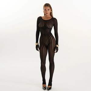 Mono de malla transparente negro para mujer, manga larga, con aberturas, sexy, ajustado, para fiesta, sin costuras, ropa de club. - Product Image 2