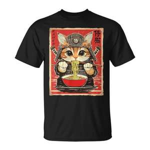 T-shirt japonais Samurai Ninja Cat Eating Ramen, noir, unisexe, taille adulte - Product Image 1
