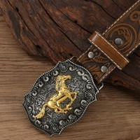 Ceinture en cuir PU style western américain avec boucle rétro en alliage, motif herbe à cheveux de biche, tête de cheval et tête de veau à longue corne embossées