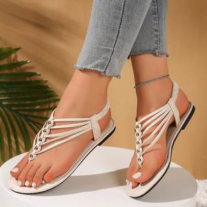 Sandalias de mujer con suela plana, tejidas con cuentas, de punta abierta, transpirables, deportivas, de suela blanda, para interior, exterior y playa, cómodas - Product Image 3