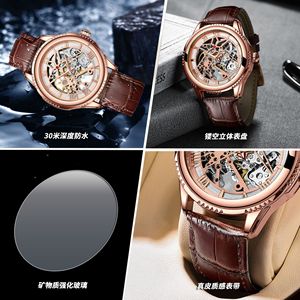 Binbond Automatic Mechanical Watch Rose Gold Skeleton Men's Watch 30M Waterproof Genuine Leather Strap - Product Image 4