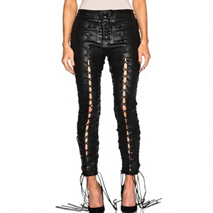 Pantalon en cuir PU noir à lacets, taille haute, coupe skinny gothique, longueur cheville, style crayon - Product Image 1