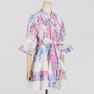 Robes décontractées pour femmes à imprimé coloré, col en V, manches trois quarts, taille empire, patchwork, longueur genou, style bohème, boutonnées - Product Image 3