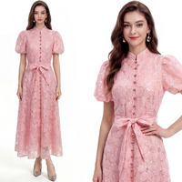 Elegante Vestido Midi de Verano para Mujer con Cuello Mao, Manga Corta Abullonada, Cinturón en la Cintura y Botones de Encaje, Lavable