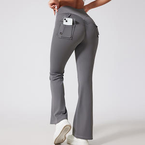 Pantalones de Fitness Lulu de cintura alta para mujer, pantalones deportivos de secado rápido para correr, pantalones de Yoga acampanados de melocotón, bolsillo de carga, patrón sólido - Product Image 5