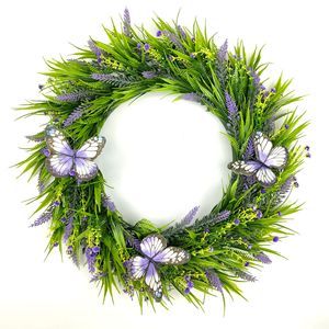 Spring Summer Artificial Lavender Wreath With Butterfly Ornaments Realistic Fake Floral Wreath For Home Wall And Courtyard Decor - Product Image 1