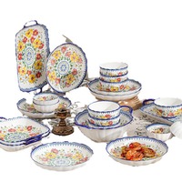 Ensemble de bols en céramique de style japonais, motif végétal bohème créatif, couleur sous-glaçure, vente en gros, bols, assiettes, plats, vaisselle
